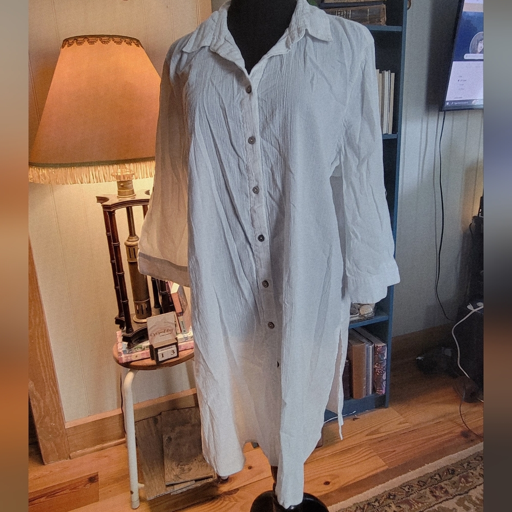 Plus Size Chico's White Button-Up Long Shirt Coverup